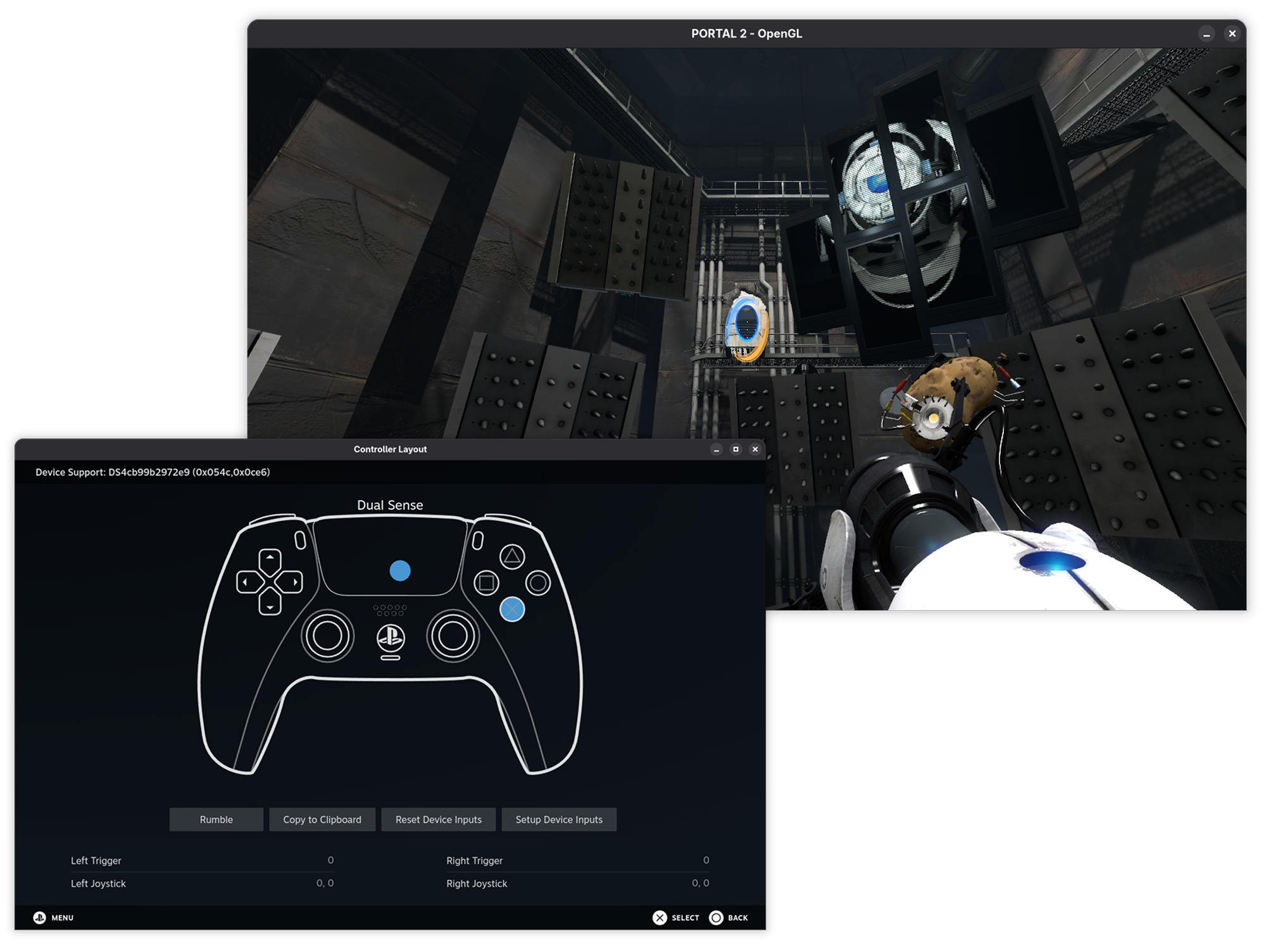 An example gaming setup, displaying Portal 2 and Steam's controller configurator. Ultramarine supports the majority of games on Steam and most game controllers.